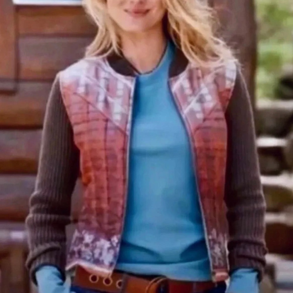 Sundance Women's Red-Orange Quilted Front Cardigan with Blue Layer
